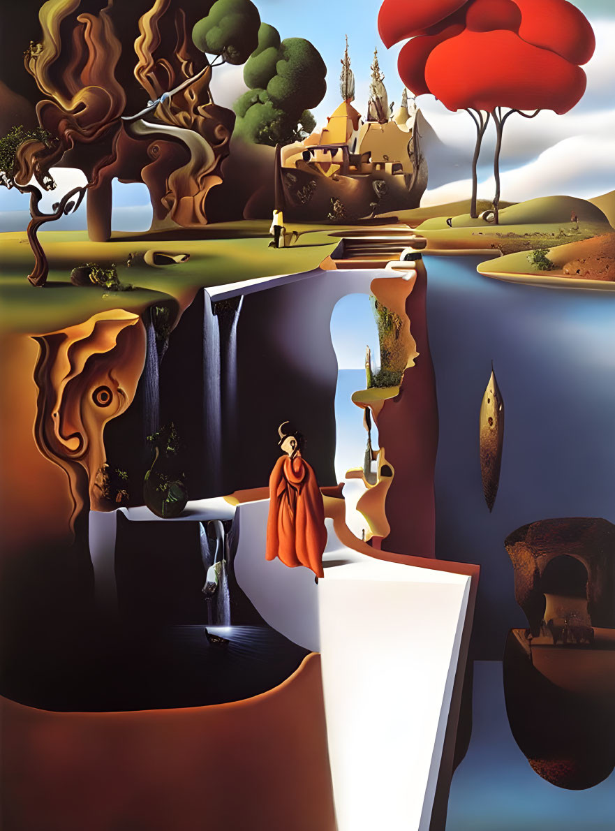 Surreal landscape with melting forms, cloaked figure, waterfall, castle, and unique sky shapes
