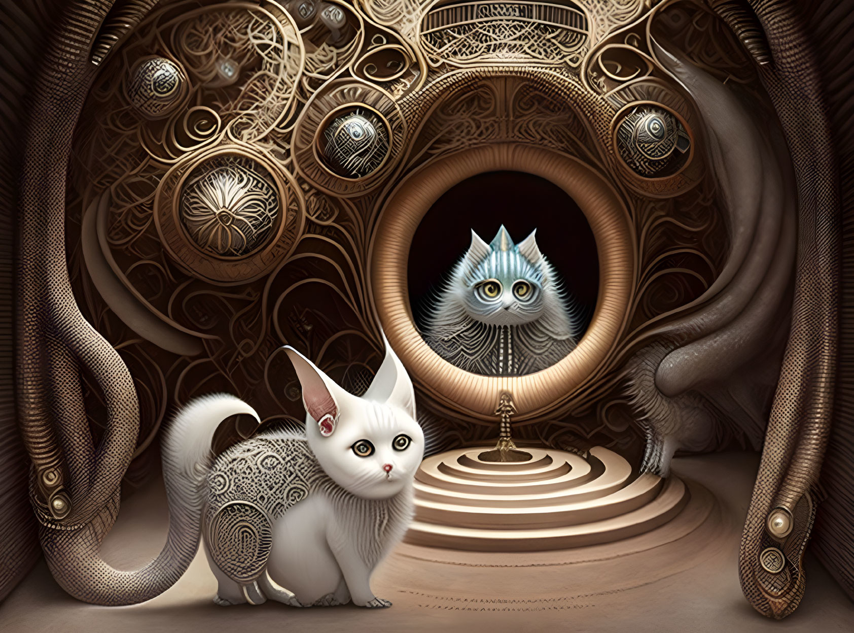 Surreal white cat and blue-eyed owl in ornate cylindrical chamber