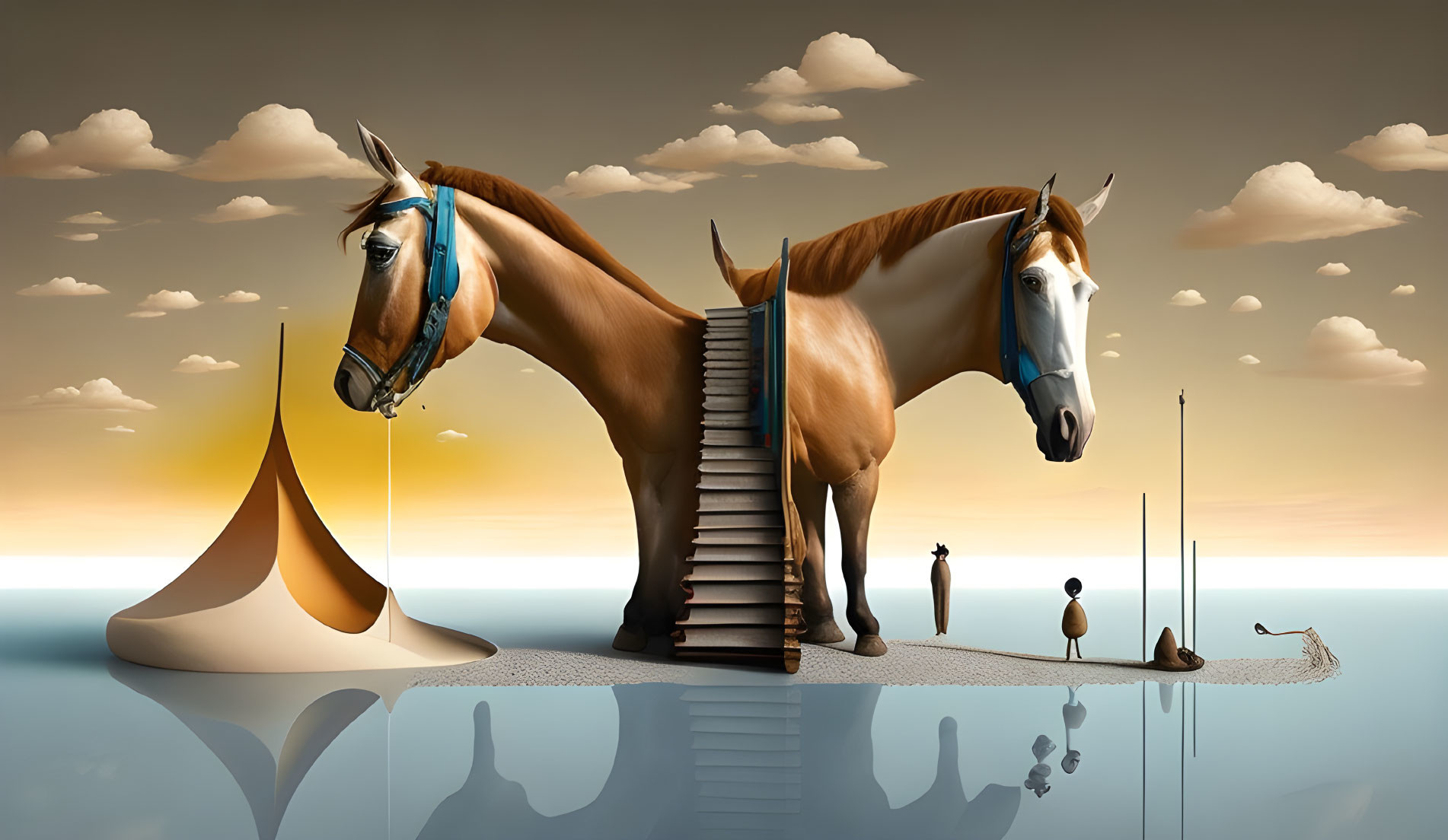 Surreal image: Two-headed horse on island with staircase, cloudy sunset sky