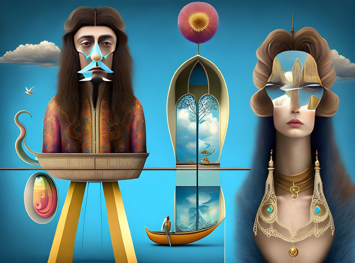 Surreal Artwork: Two Figures, Boat Torso & Eye-Covered Blindfold