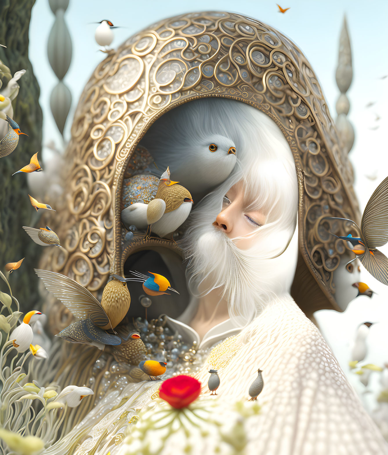 Ethereal figure with whimsical helmet surrounded by flying birds in serene, floral scene