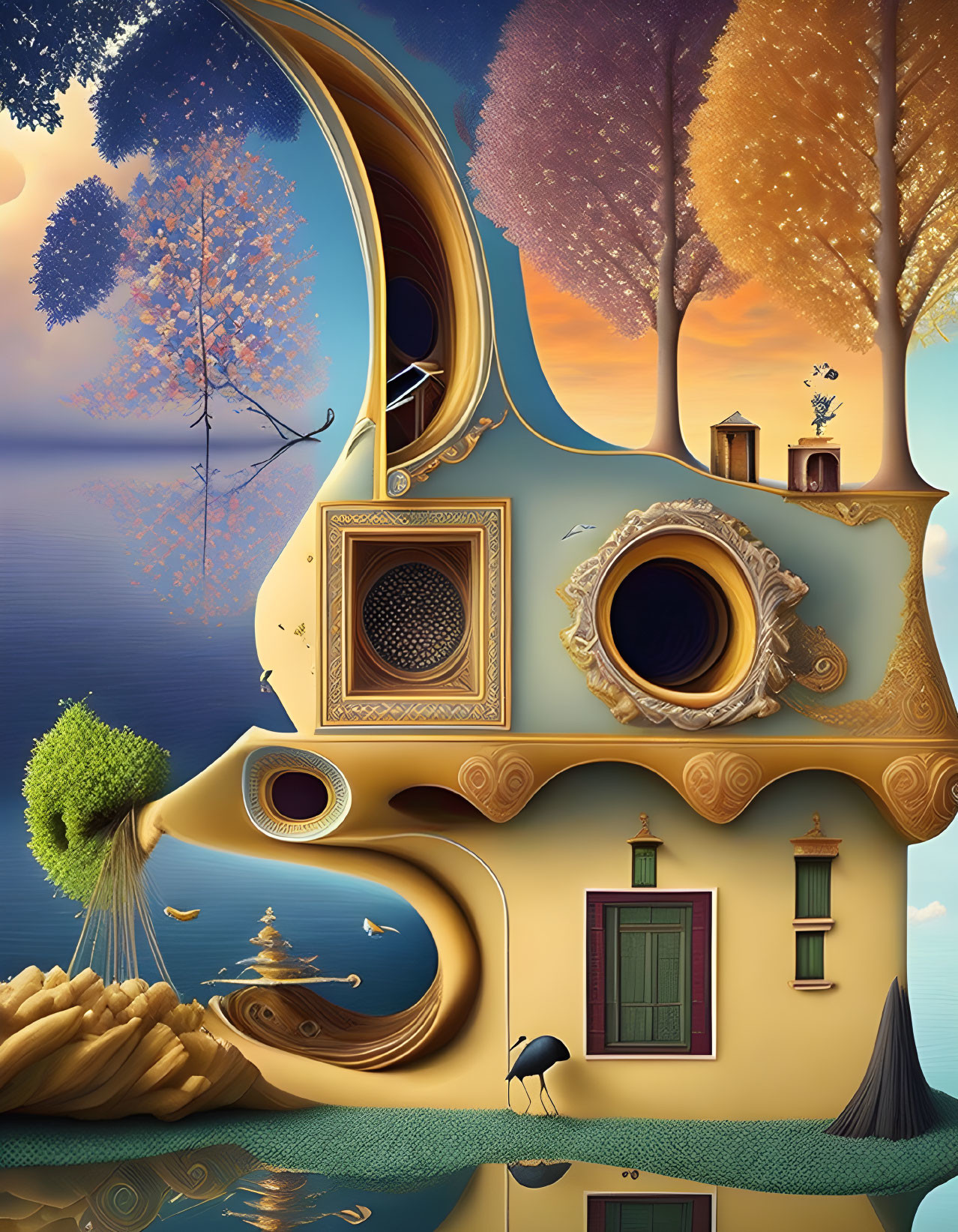 Surreal illustration of musical instruments, autumn trees, houses, and a peacock