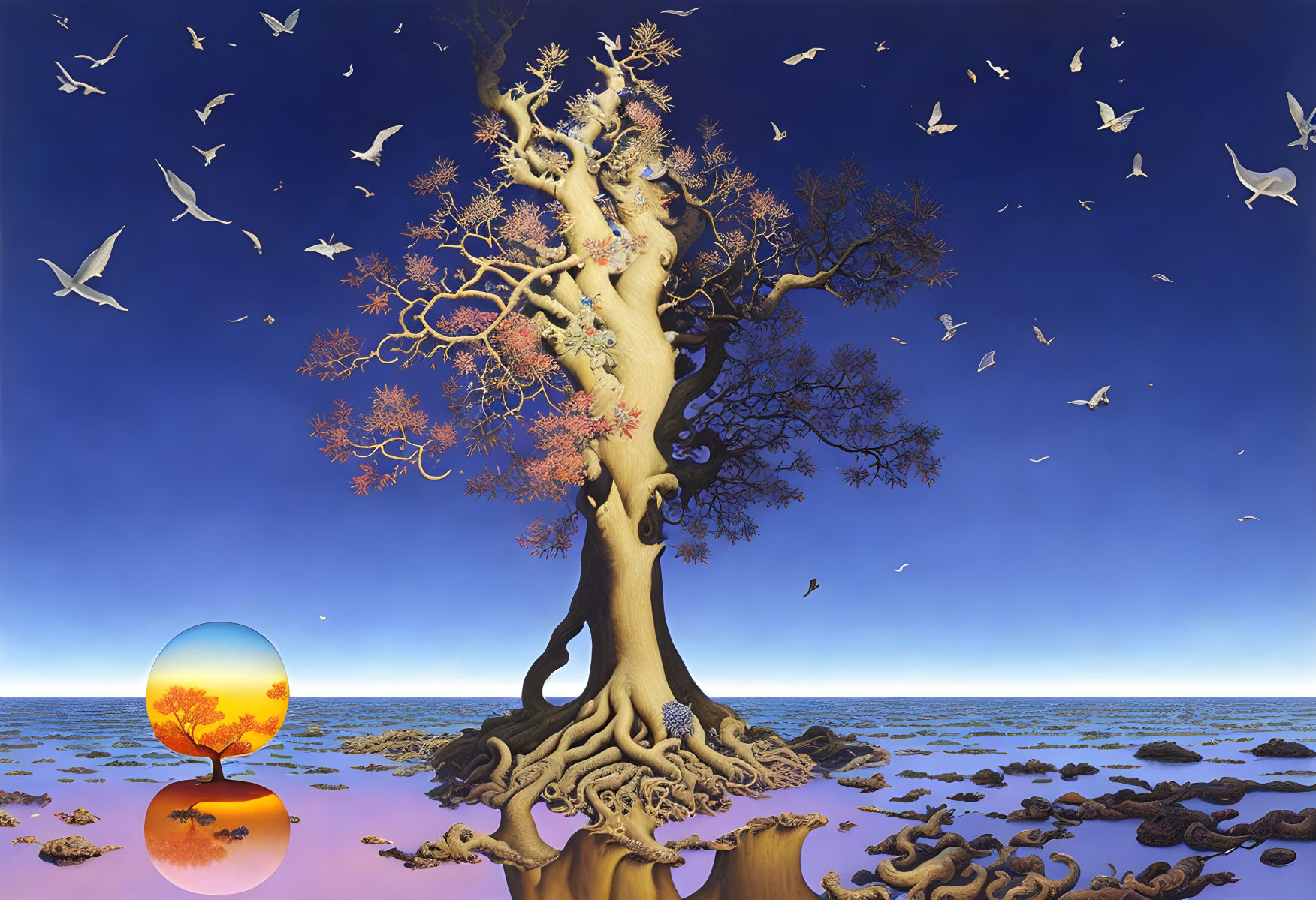 Surreal painting of tree with human-like branches and glowing egg at sunset