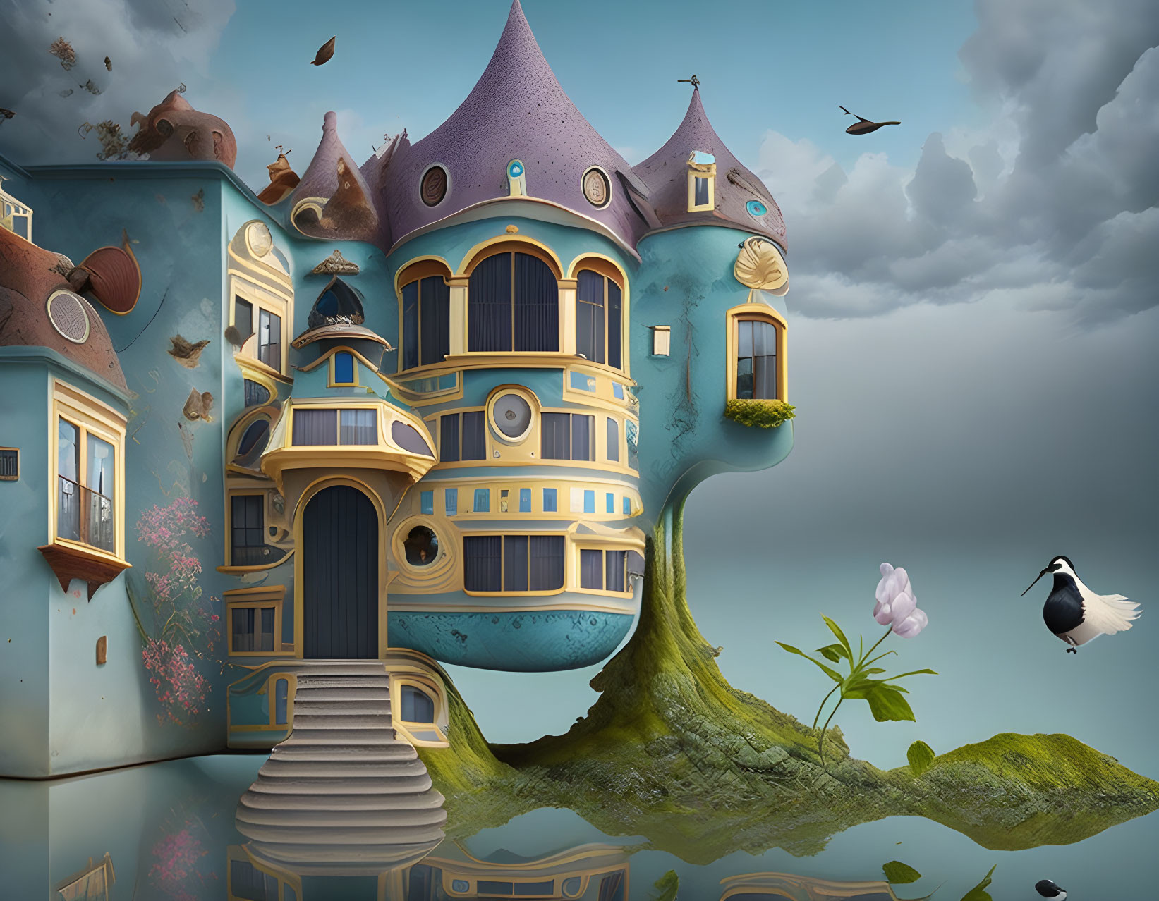 Whimsical fantasy landscape with colorful houses on tree above water