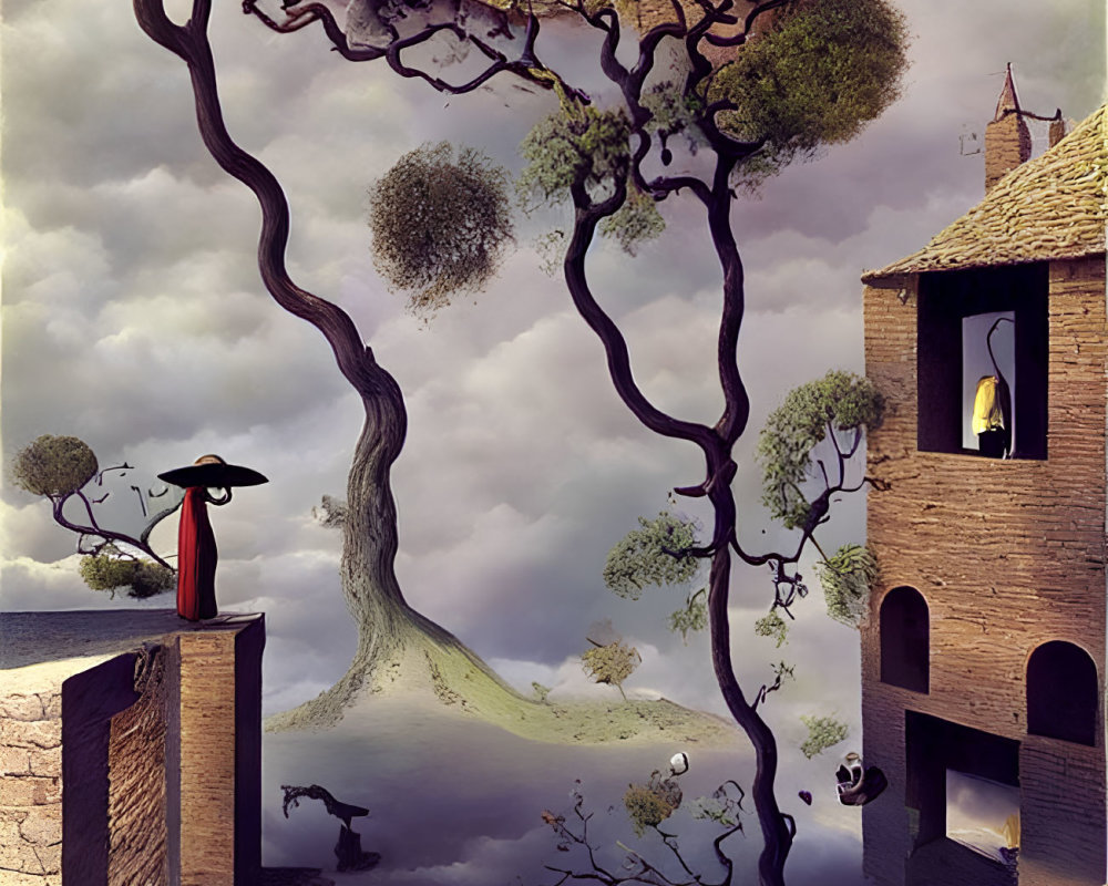 Surrealist artwork: Twisted trees, floating island-houses, red cloaked figure, whims