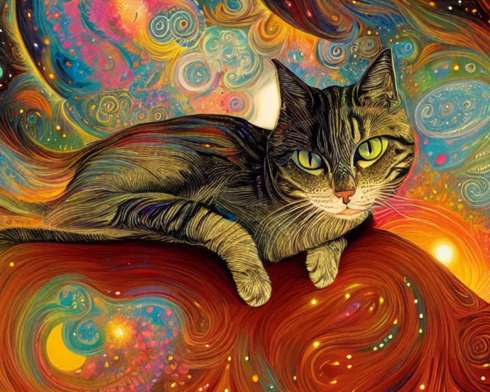 Vibrant Psychedelic Digital Artwork: Tabby Cat with Green Eyes