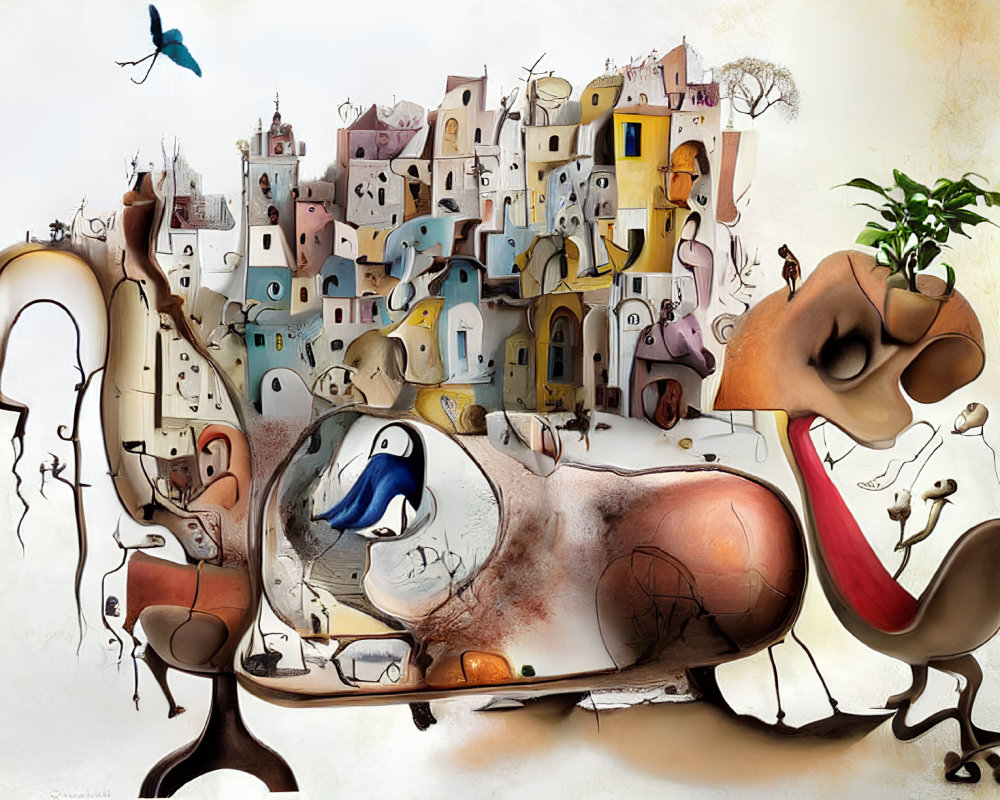 Abstract surreal artwork: fluid townscape with pastel buildings merging into whimsical animal-like shapes on off