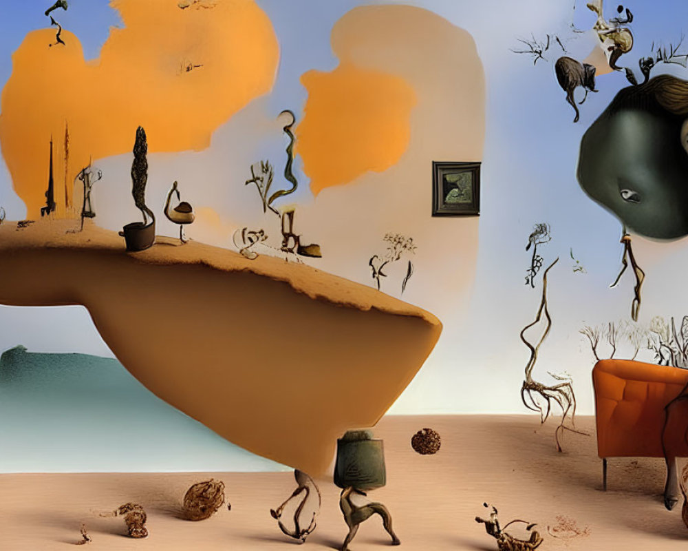 Surrealistic Artwork: Interior and Desert Landscapes with Anthropomorphic Trees and Levitating