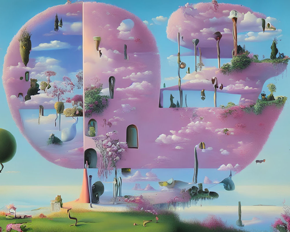 Surreal landscape featuring '99' number shaping dreamlike scene with floating islands, vegetation, and