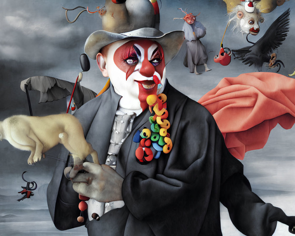Surreal painting of clown with vivid makeup and colorful objects in dreamlike scene