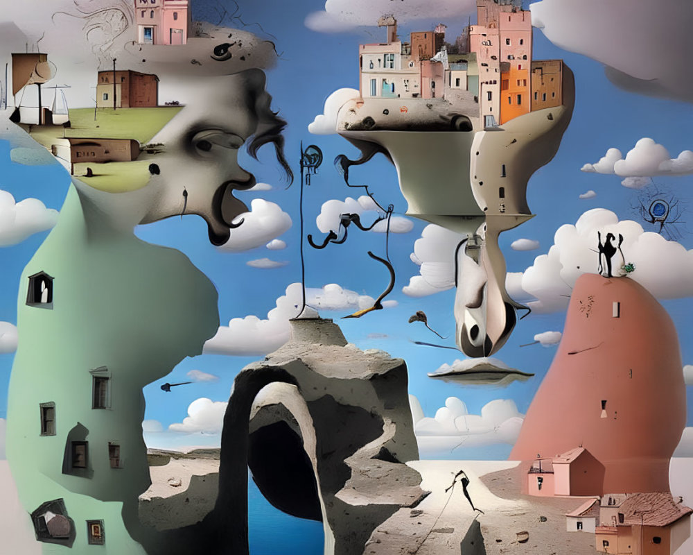 Surrealistic landscape with anthropomorphic faces and architectural elements among clouds