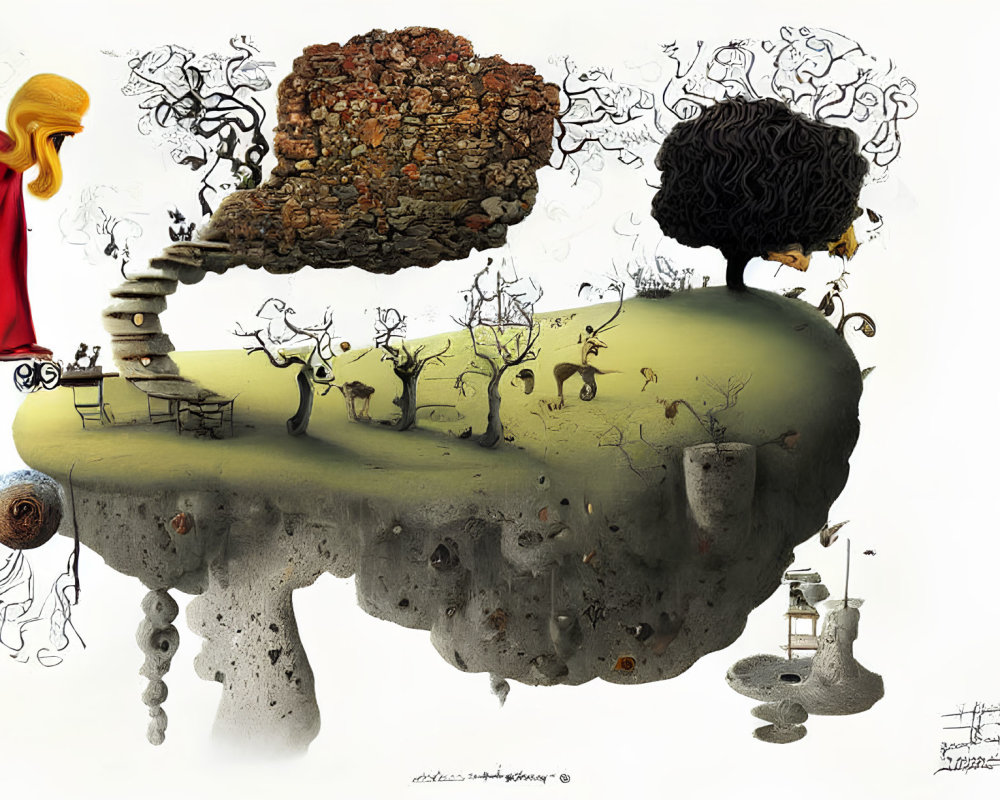 Surreal Artwork: Floating Island, Stylized Trees, Exaggerated Human Figures,