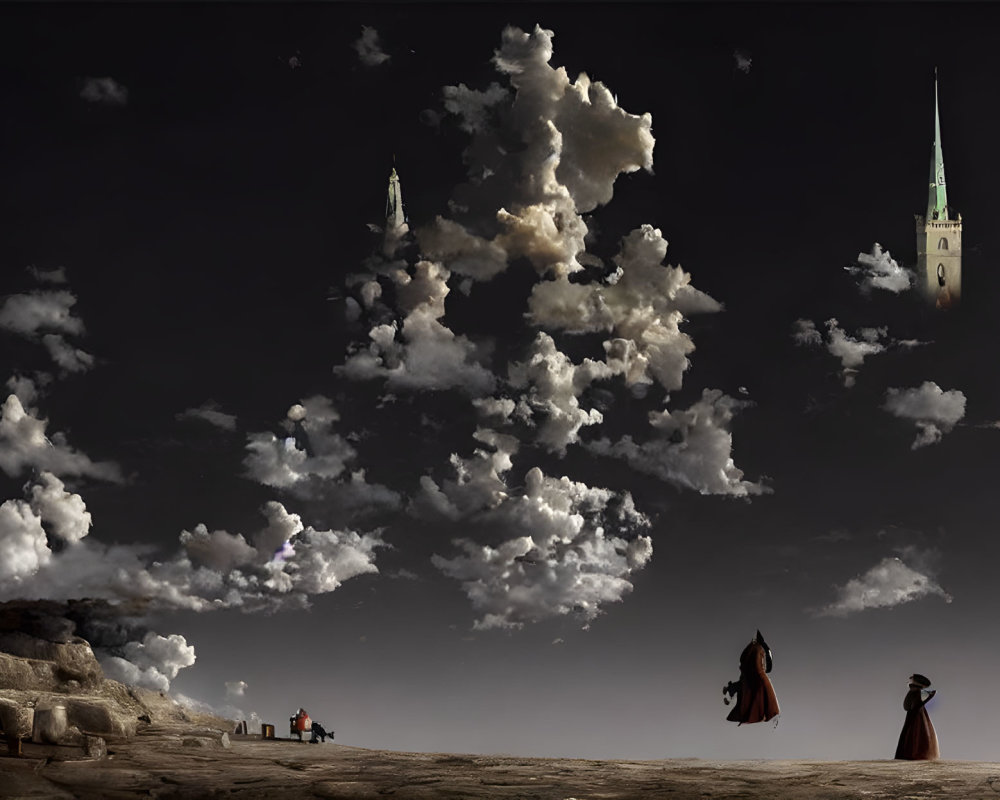 Surreal landscape: cloudy sky, church spires as clouds, period-dressed people, rocky