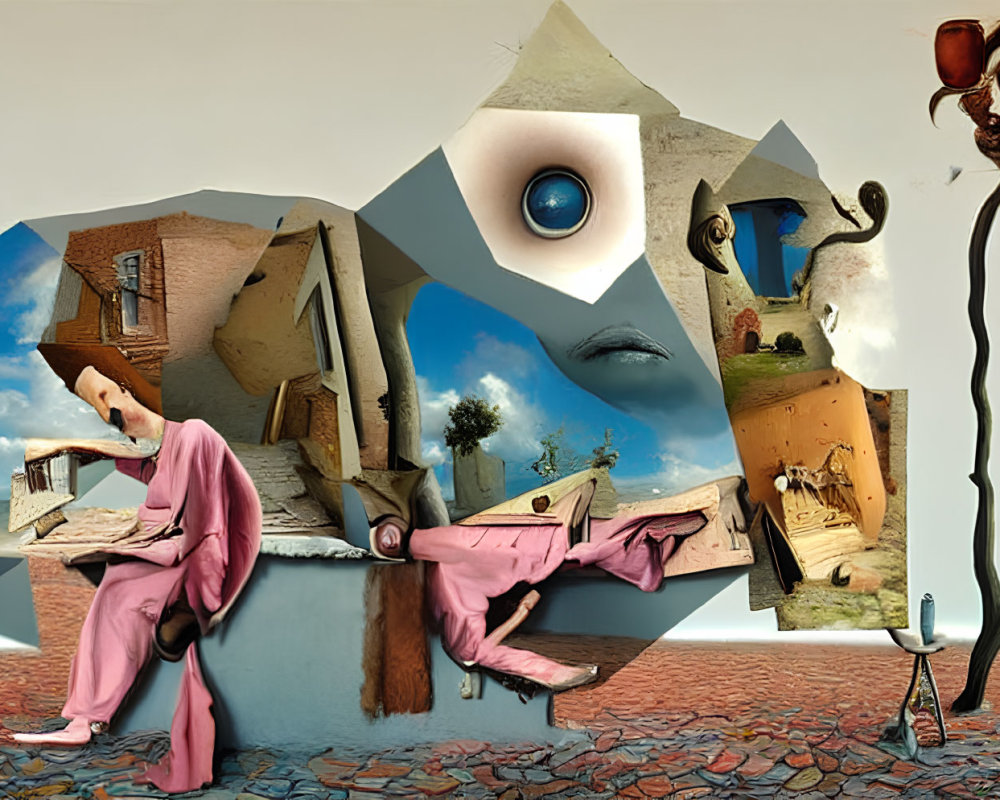 Surreal composite image of fragmented figure reading in pink