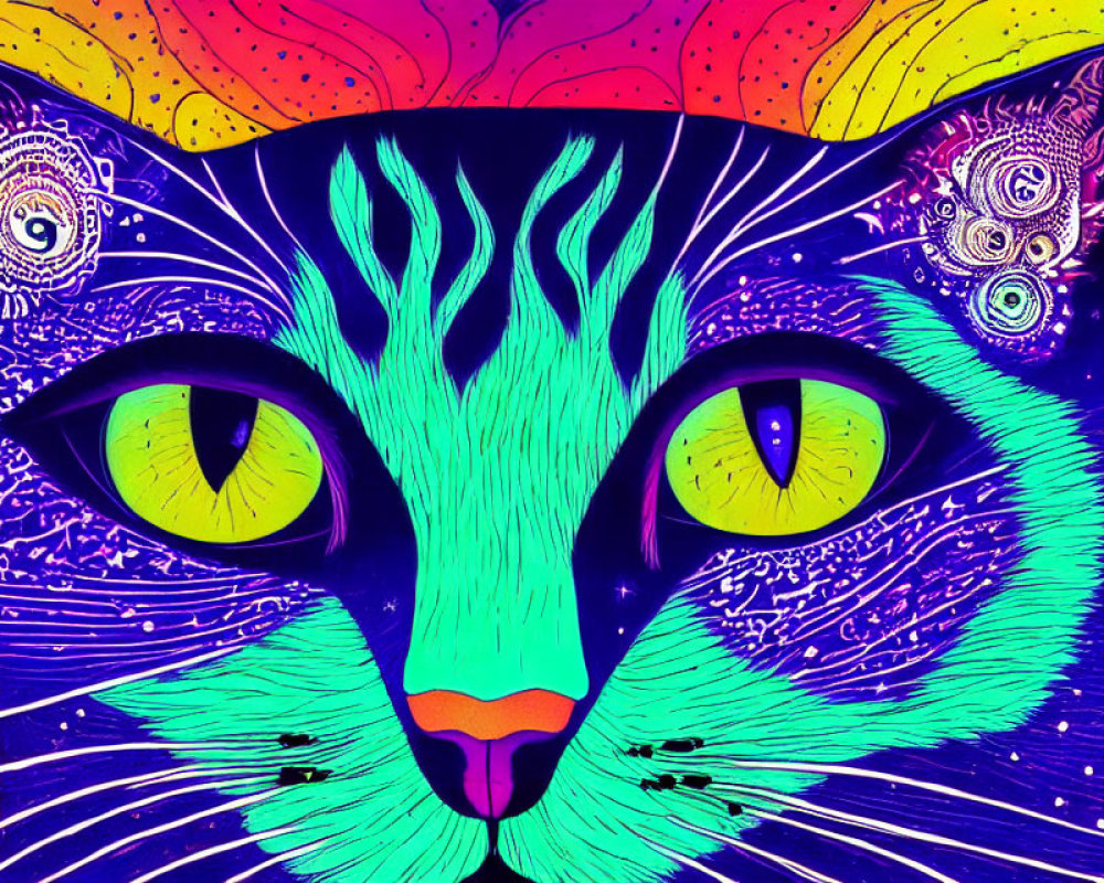 Colorful Psychedelic Cat Illustration on Gradient Background