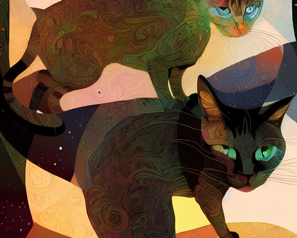 Colorful Abstract Digital Artwork: Stylized Cats with Swirling Patterns