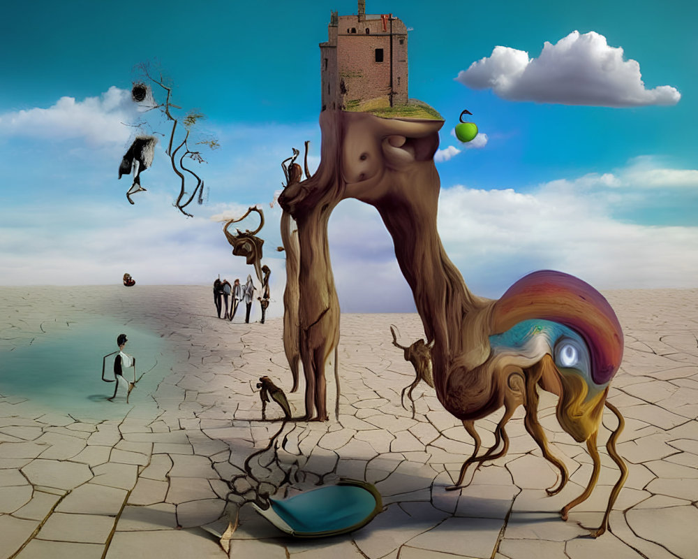 Surreal landscape with cracked desert, distorted creatures, floating objects, small figures, and solitary tower