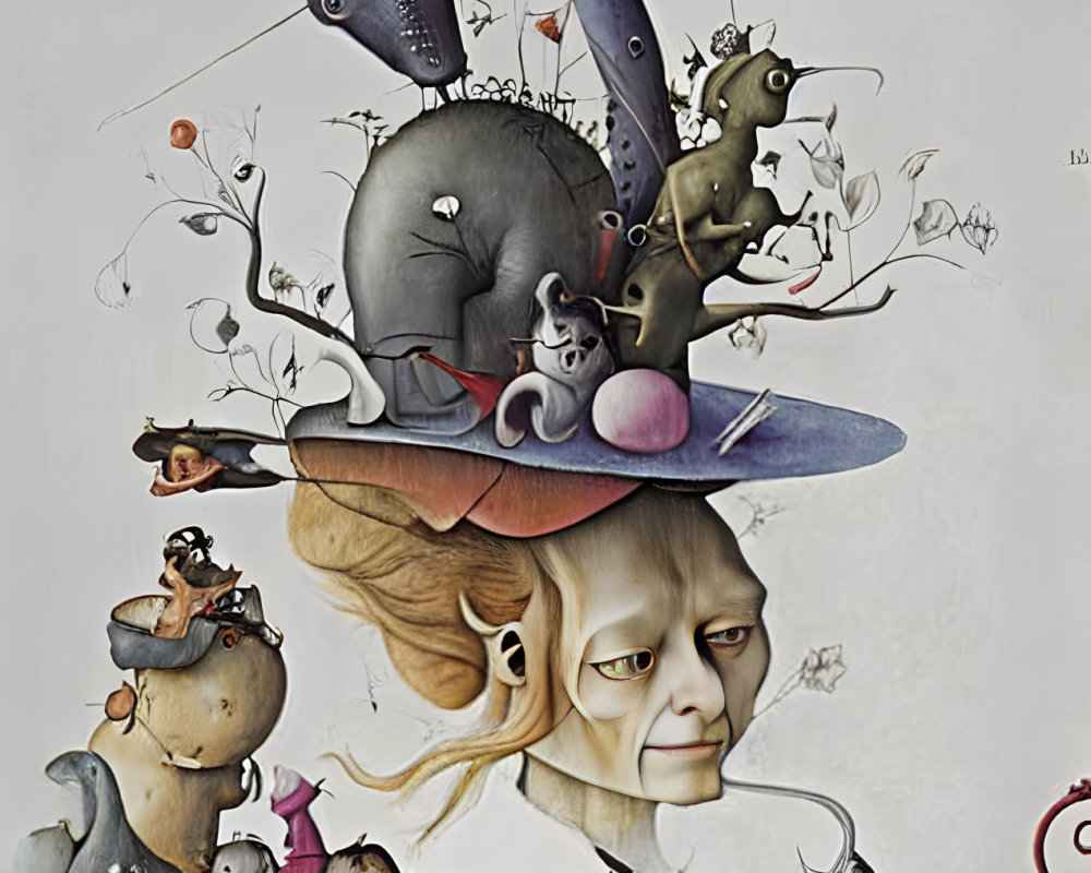 Surreal artwork featuring woman's face with whimsical layers of elephants, mice, and fantastical