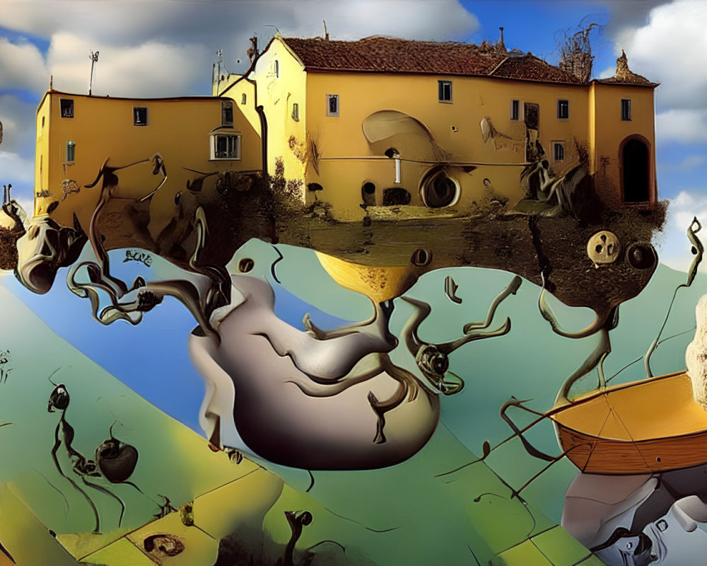 Surreal floating island with yellow building, melting clocks, tree, boat, and whimsical elements