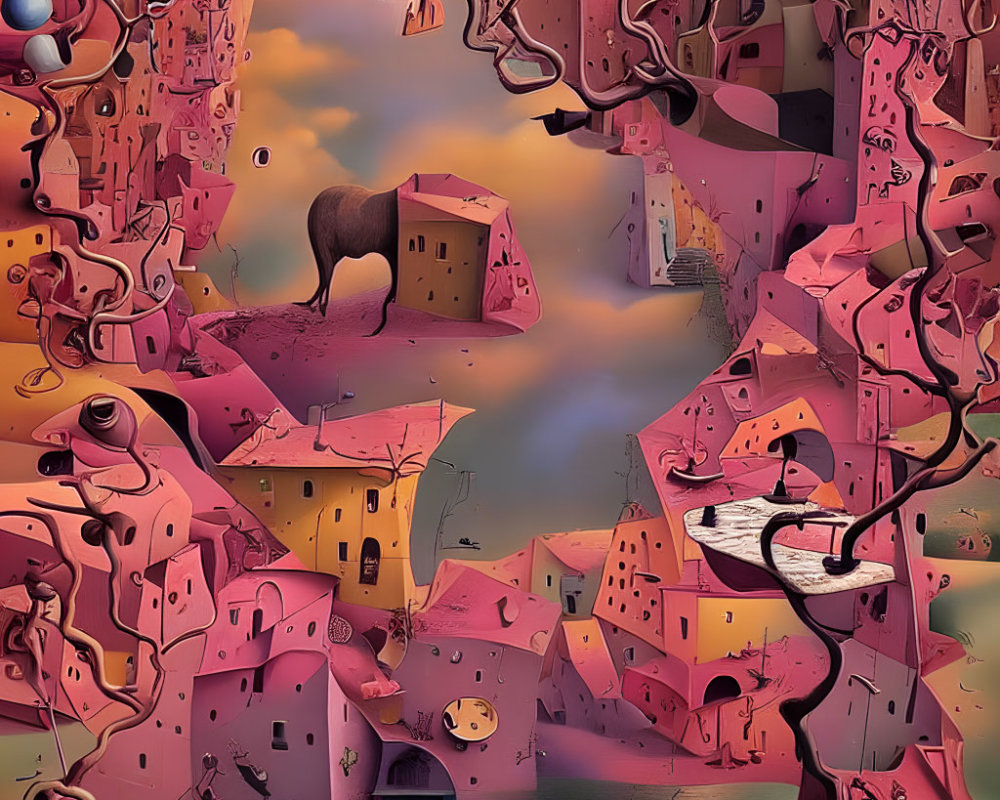 Melting landscapes with distorted houses and a horse in surreal artwork