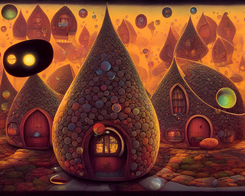 Whimsical pebble-covered houses in fantastical landscape