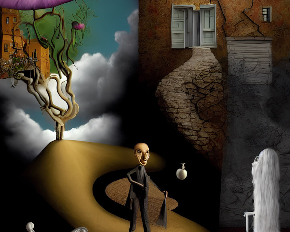 Surreal artwork: Alien figure, floating tree, cracked walls, ghostly figure, melting objects