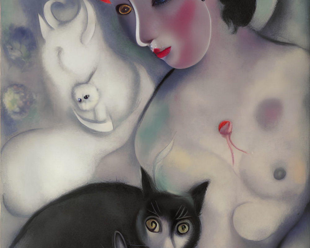 Whimsical painting of woman with rosy cheeks and cats