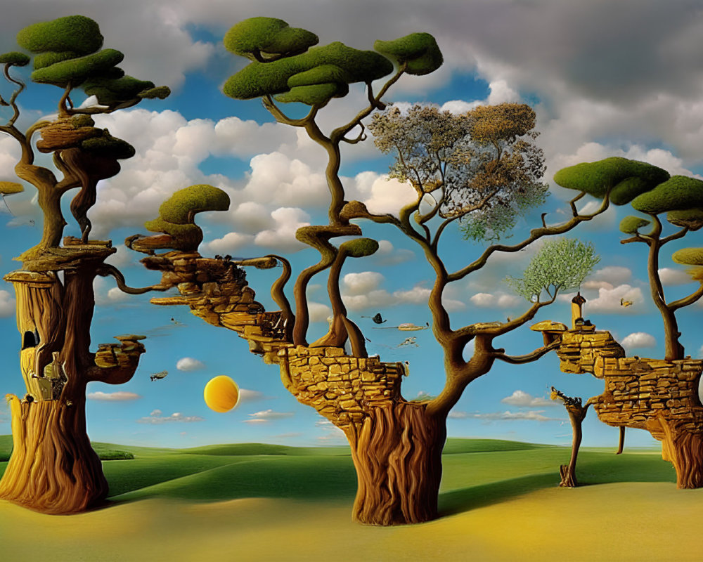 Surreal landscape with whimsical trees, golden boot, and floating yellow ball