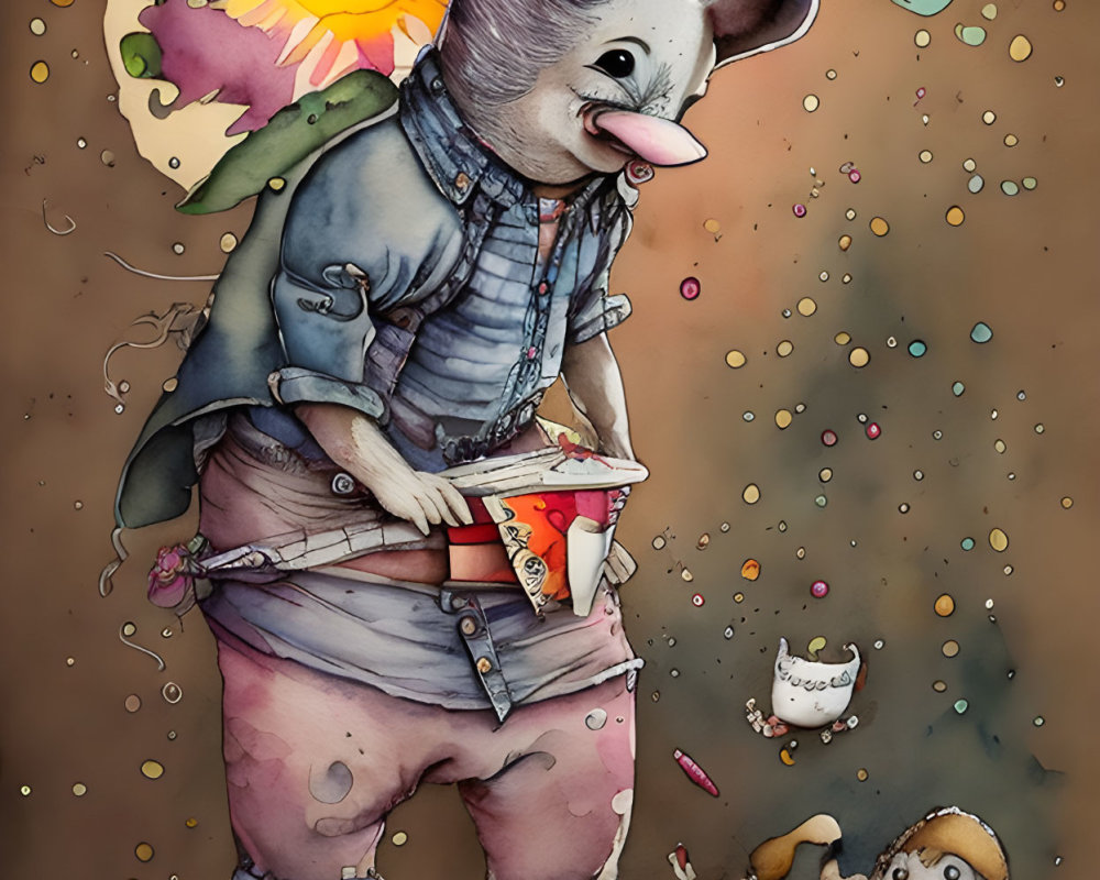 Illustration of creature with rhinoceros head, jean jacket, pink shorts, playing guitar with