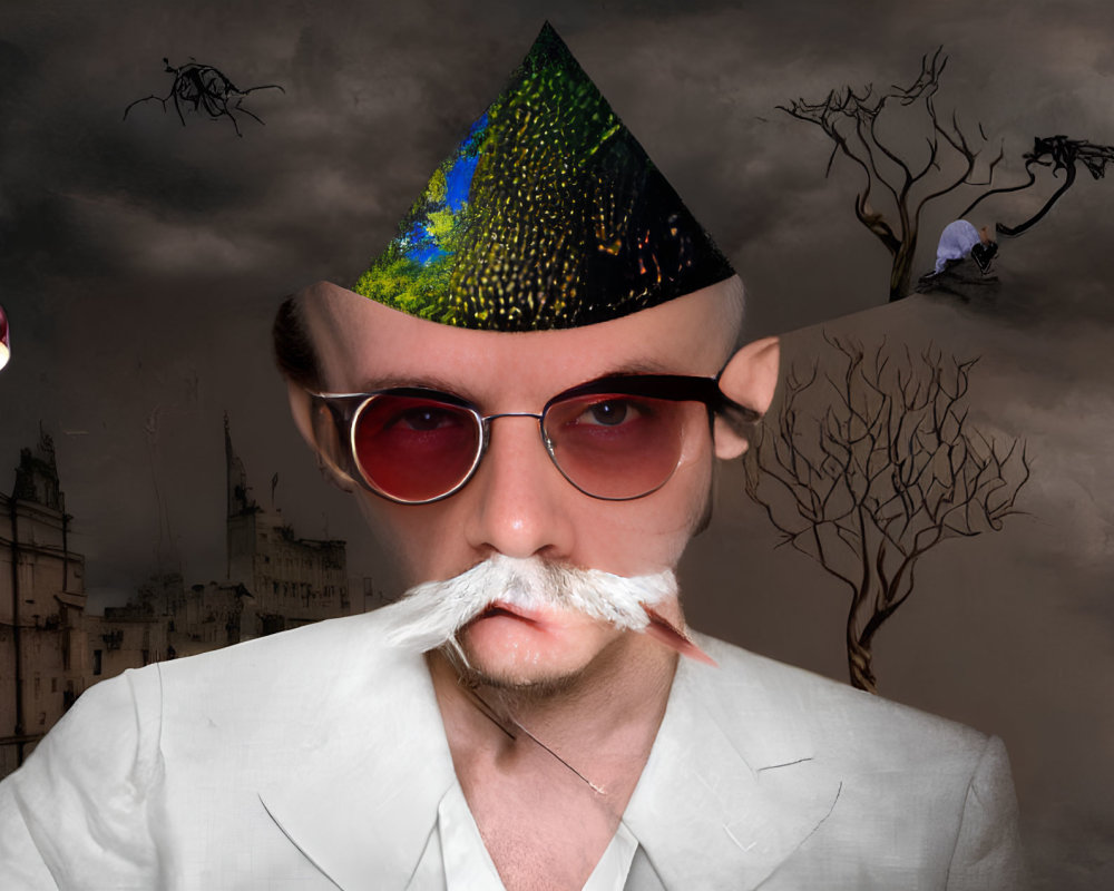 Person with fake mustache, party hat, and sunglasses in surreal setting with trees and spiders