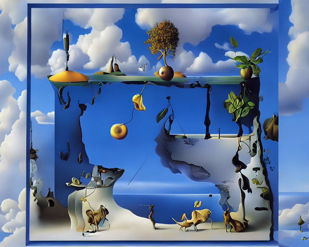 Surrealist artwork: Distorted perspectives, fruit, tree, clouds, melting objects, reflective surfaces