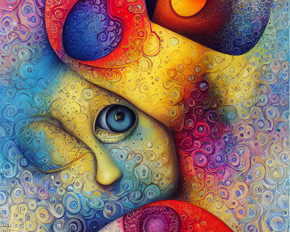 Colorful Abstract Artwork: Eyes, Swirling Patterns, Vivid Colors