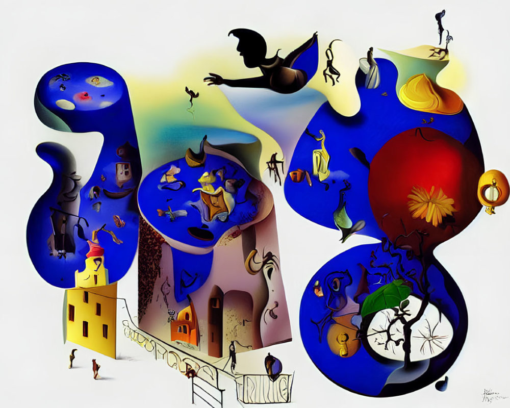 Abstract shapes, silhouetted figure, whimsical characters, and melting clock in surreal art