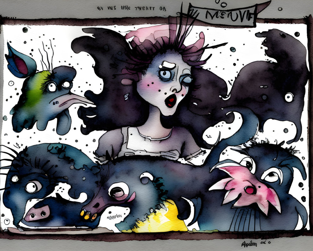 Whimsical watercolor illustration of surprised woman with quirky creatures