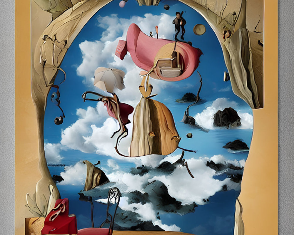 Surreal artwork featuring floating chairs and figures framed by an archway against a dreamy sky backdrop