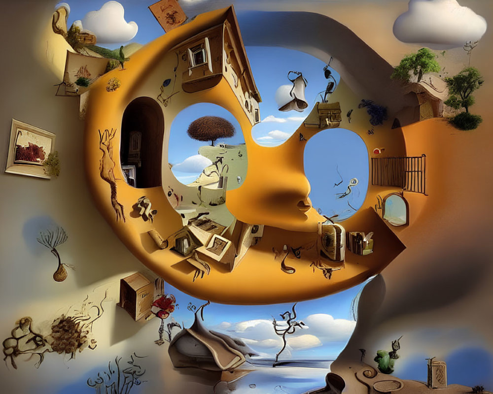 Circular surreal room with floating elements and cloud-painted walls