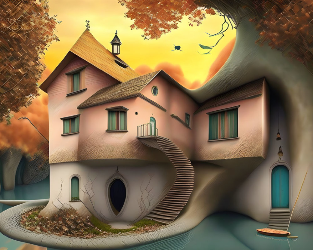 Whimsical autumn landscape with curved house, river, and bare trees