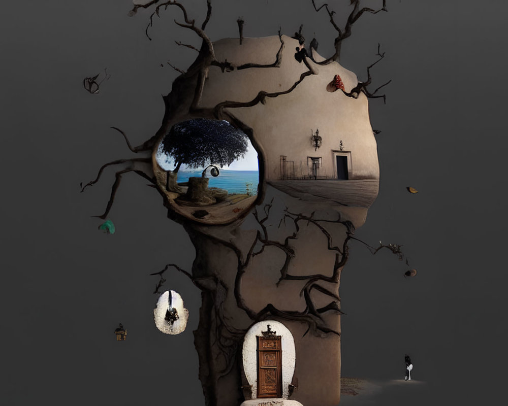 Surreal illustration of tree with rooms and objects on dark background