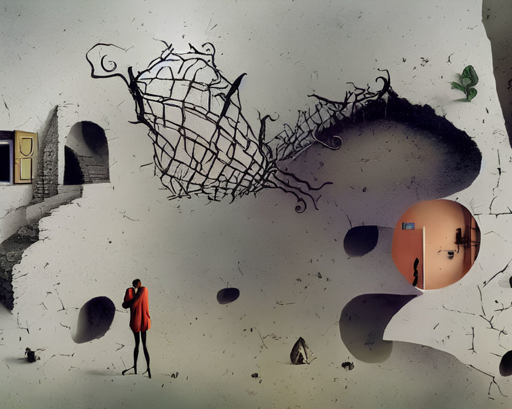 Surreal artwork featuring person in red coat and floating elements on grey background
