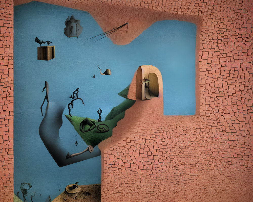 Surreal Artwork: Brick wall bends into river, melting clocks, floating rock with door,