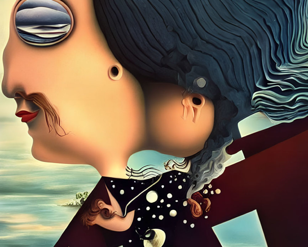 Surreal artwork: elongated facial features, tiny figure on ear, moon & goose in collar