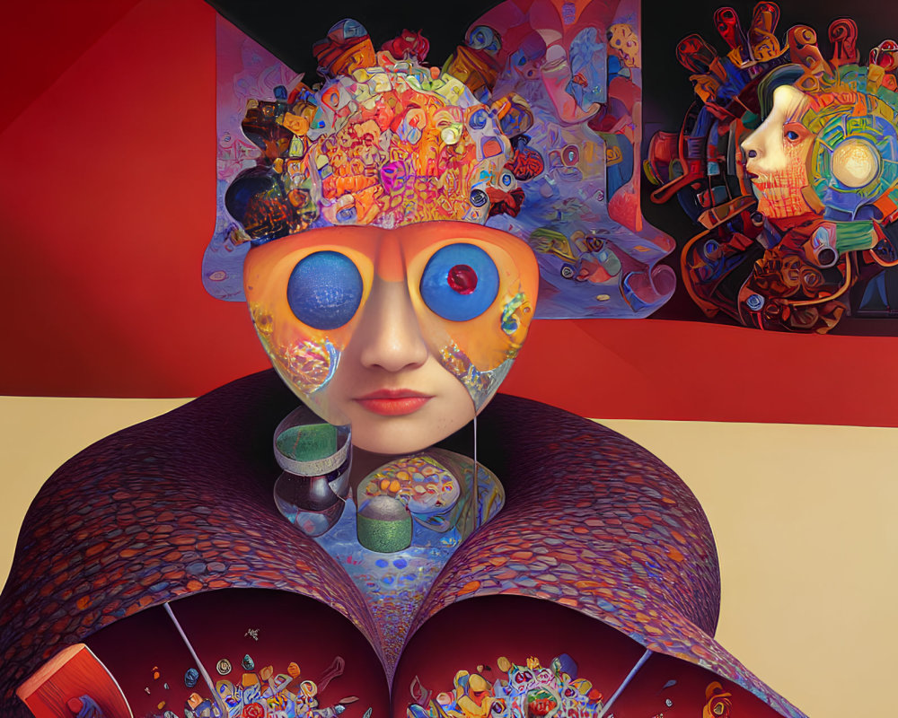 Abstract surreal portrait with colorful shapes and gears on geometric backdrop