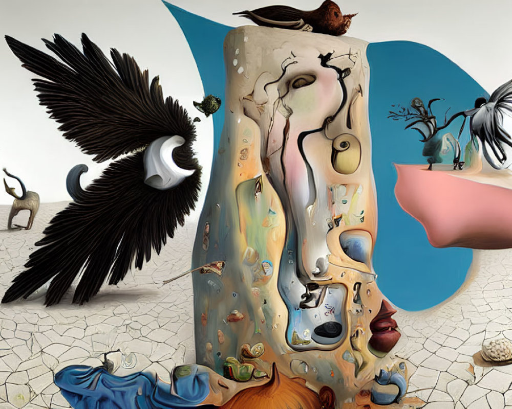 Surreal Artwork: Distorted Shapes, Winged Creatures, Melting Objects