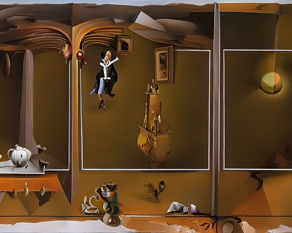 Surreal triptych artwork: Distorted room, floating elements, apple with human features,