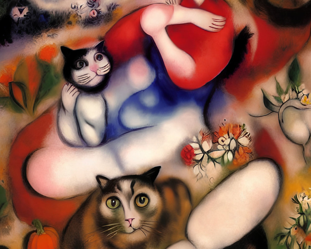 Surreal painting of woman with red headscarf holding cat surrounded by whimsical felines and