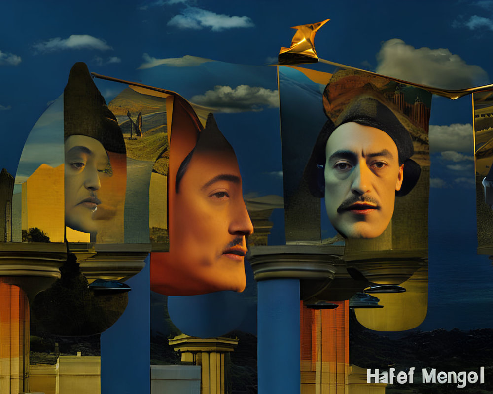 Surreal digital artwork: classical columns, desert landscape, fragmented faces, dramatic sky.