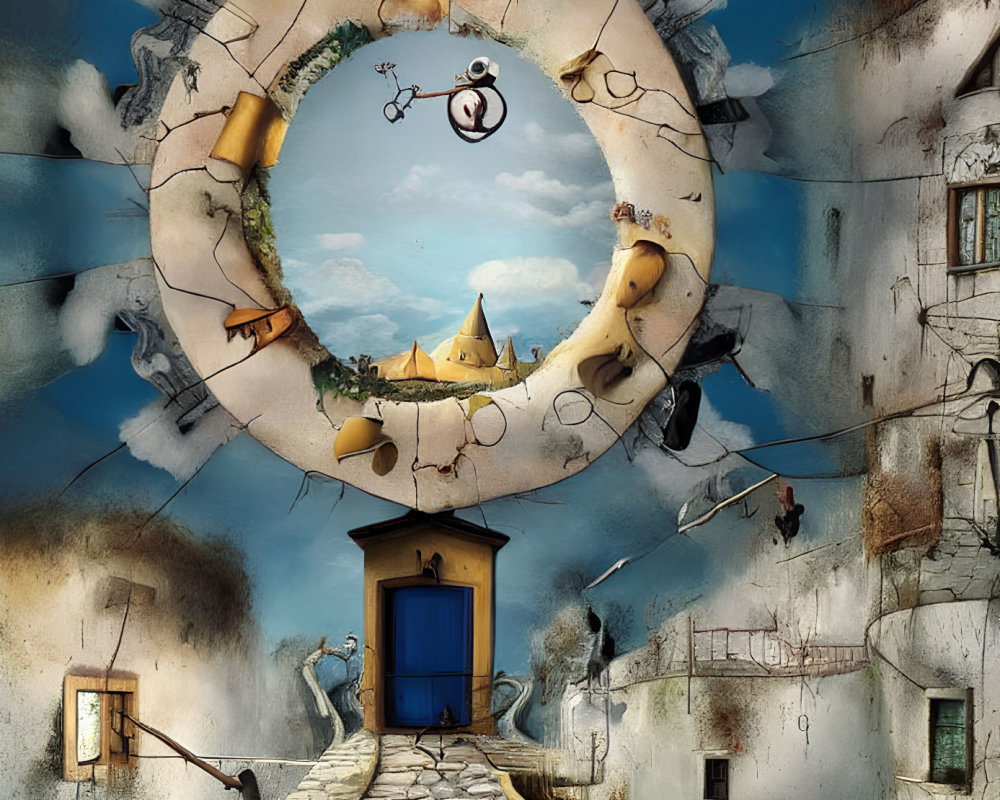 Circular cityscape with gravity-defying structures and blue door under serene sky