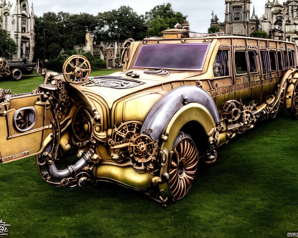 Steampunk-style ornate limousine with vintage gears and greenery.