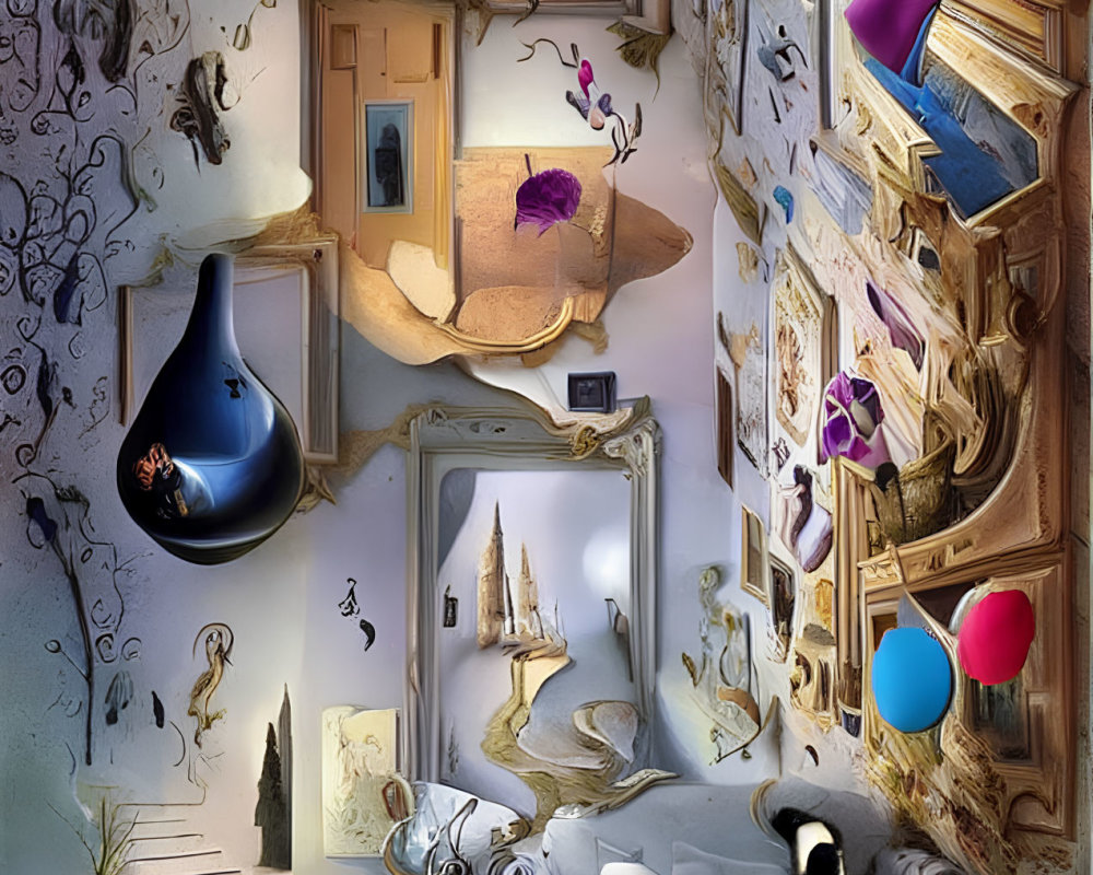 Surreal Room with Floating Morphed Objects and Swirling Patterns