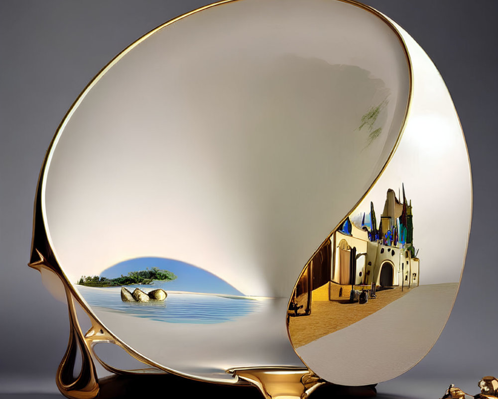 Golden Shell-Shaped Decorative Plate with Beach and Castle Scenes